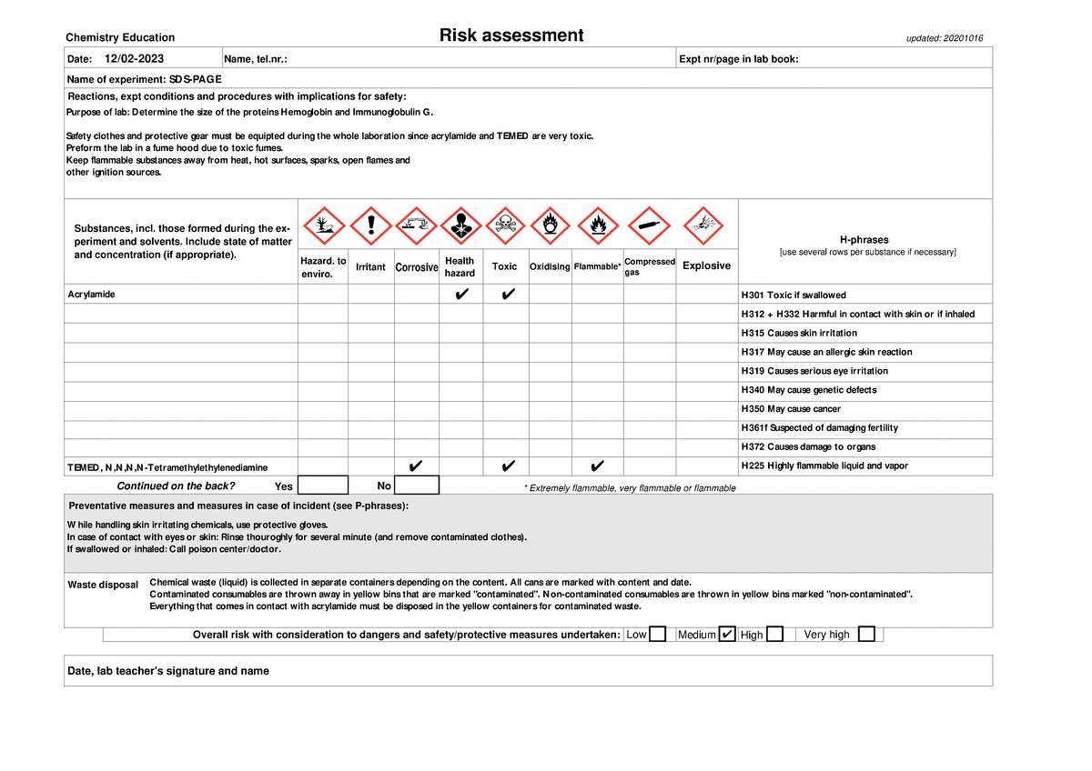 SDS-PAGE riskbedömning - Chemistry Education Risk assessment updated ...