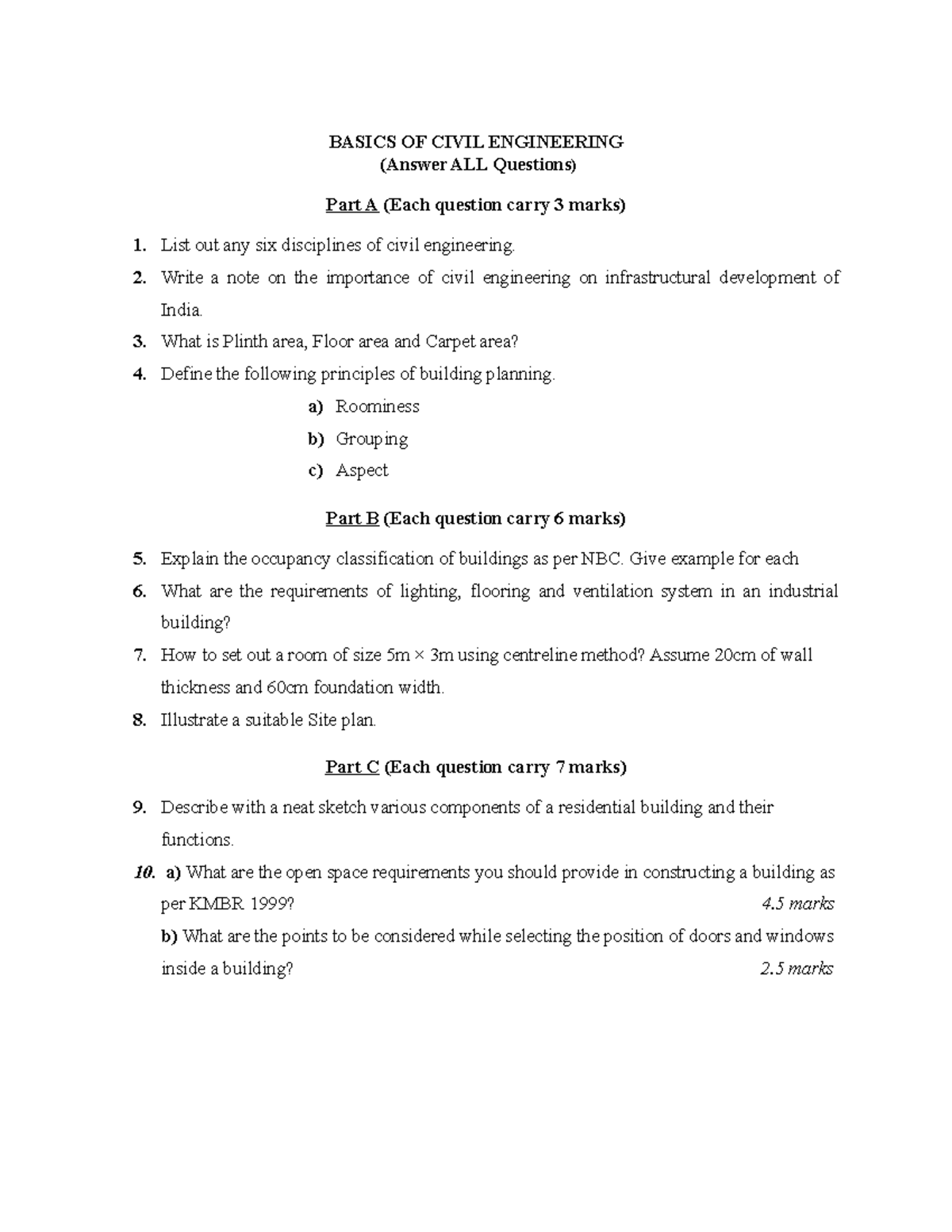 BCE QP 1 - Basics of civil engineering - question paper - for practice ...