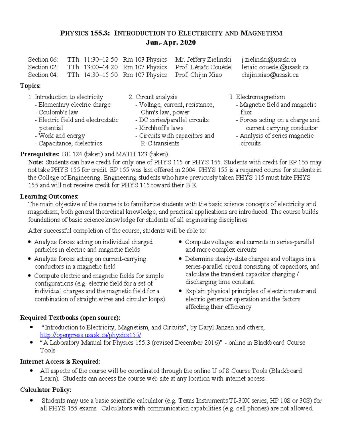 PHYS155 syllabus 2020 - PHYSICS 155: INTRODUCTION TO ELECTRICITY AND ...