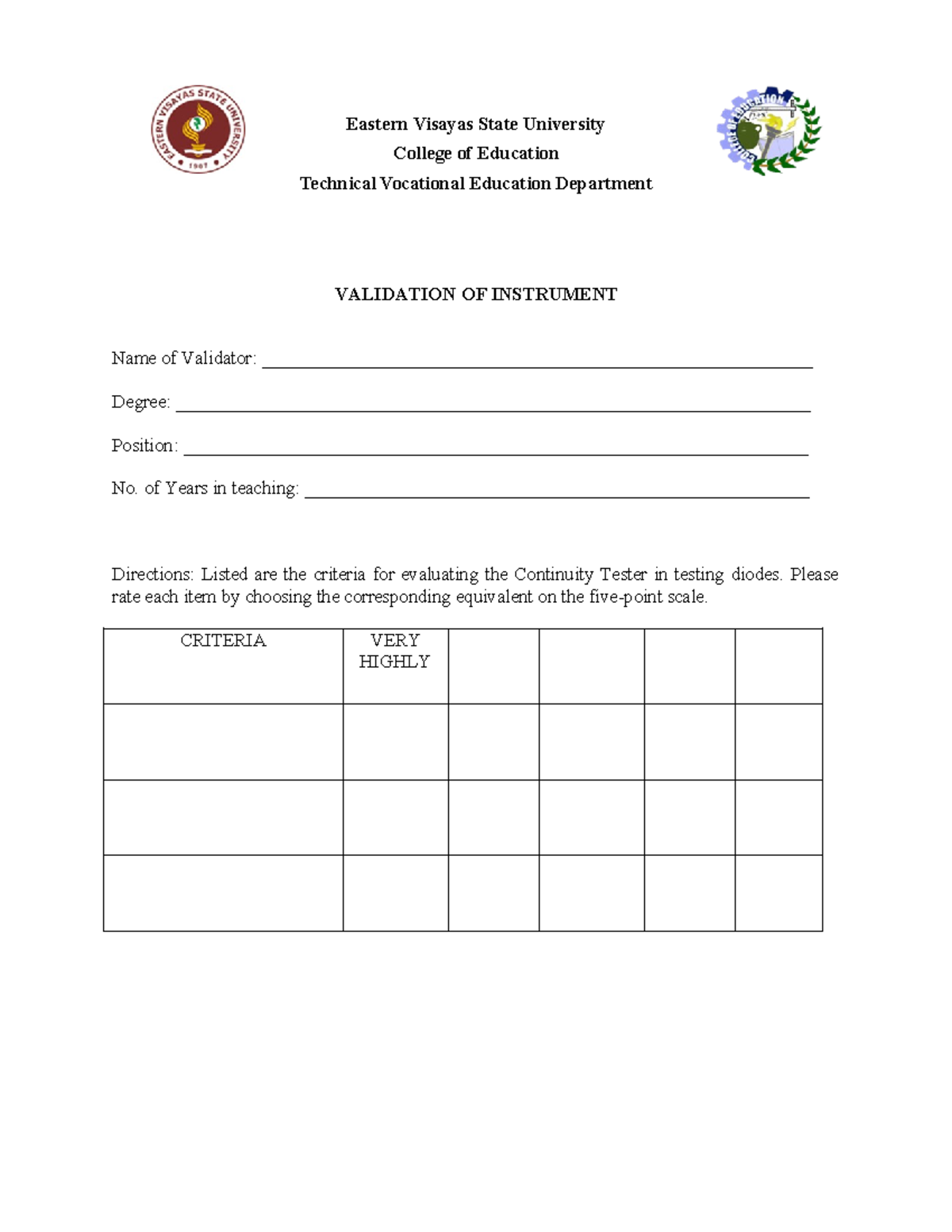 Validation of instrument eastern visayas state university college of