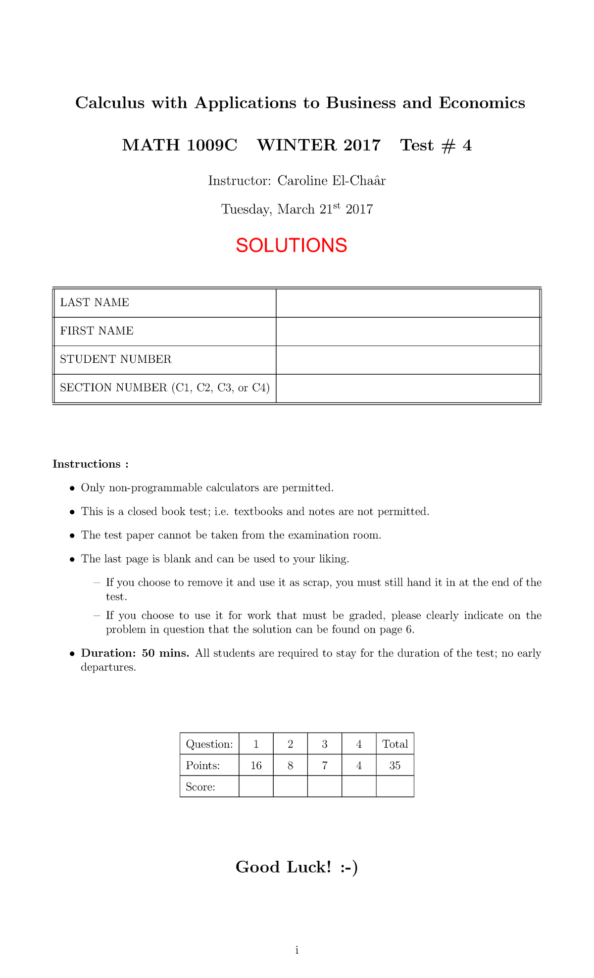 MATH1009 2017 Test #4 w/Solution - Calculus with Applications to ...