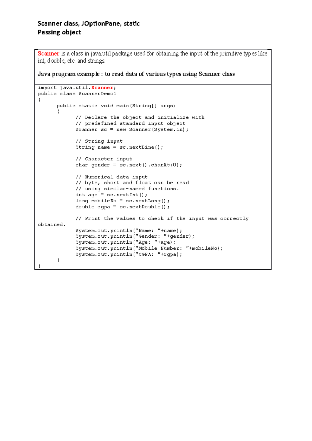 Learn from example - Done - Passing object Scanner is a class in java ...