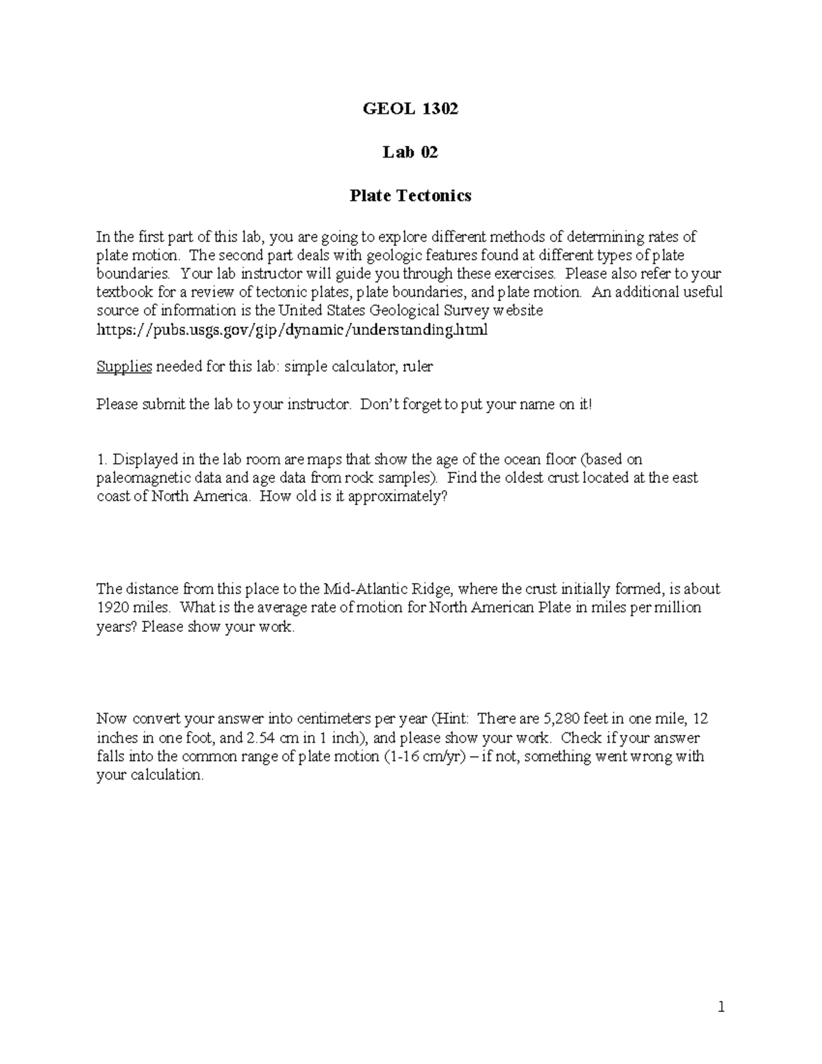 GEOL 1302 - Lab 02 - Plate Tectonics - GEOL 1302 Lab 02 Plate Tectonics ...