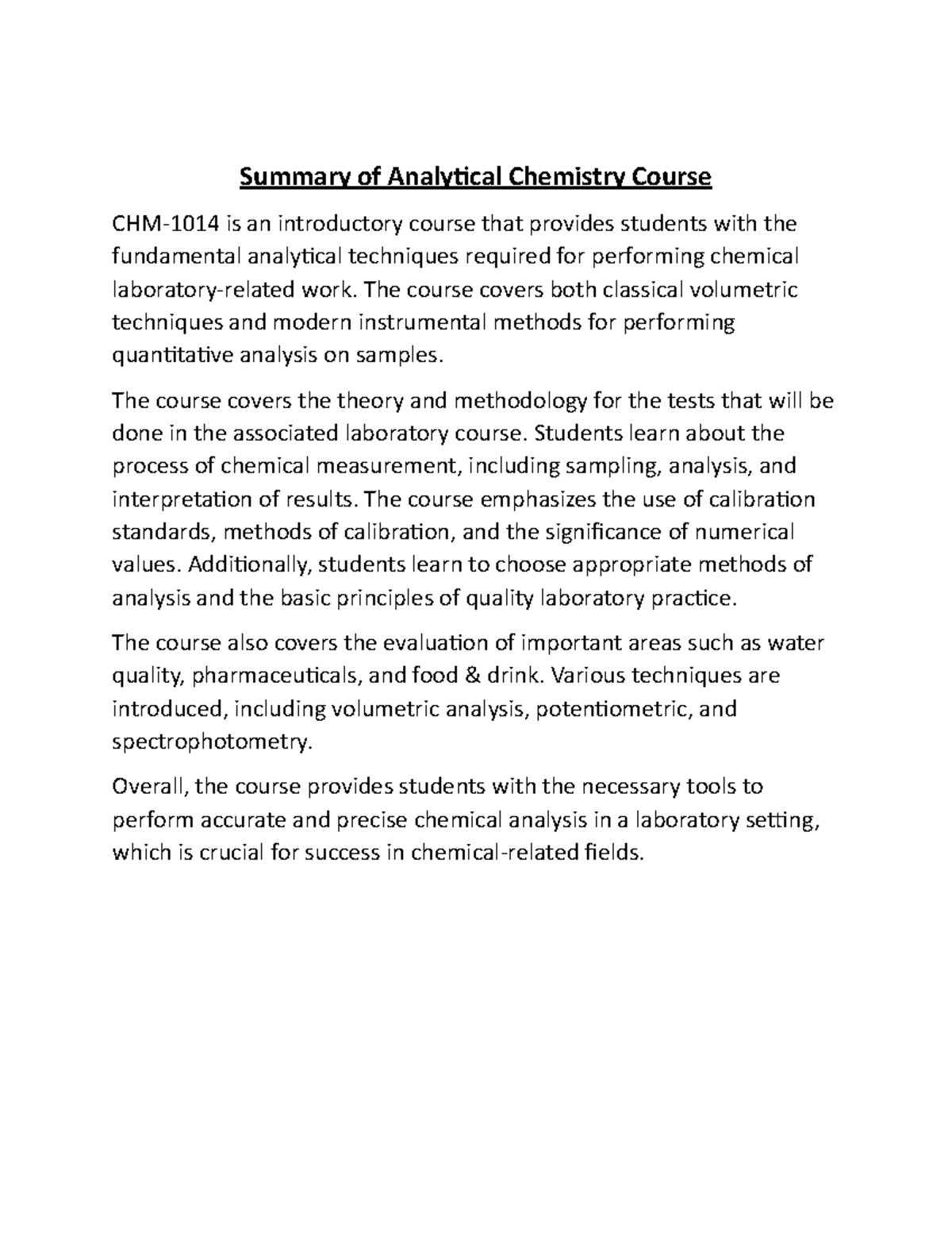 Analytical Chemistry - The Course Covers Both Classical Volumetric ...