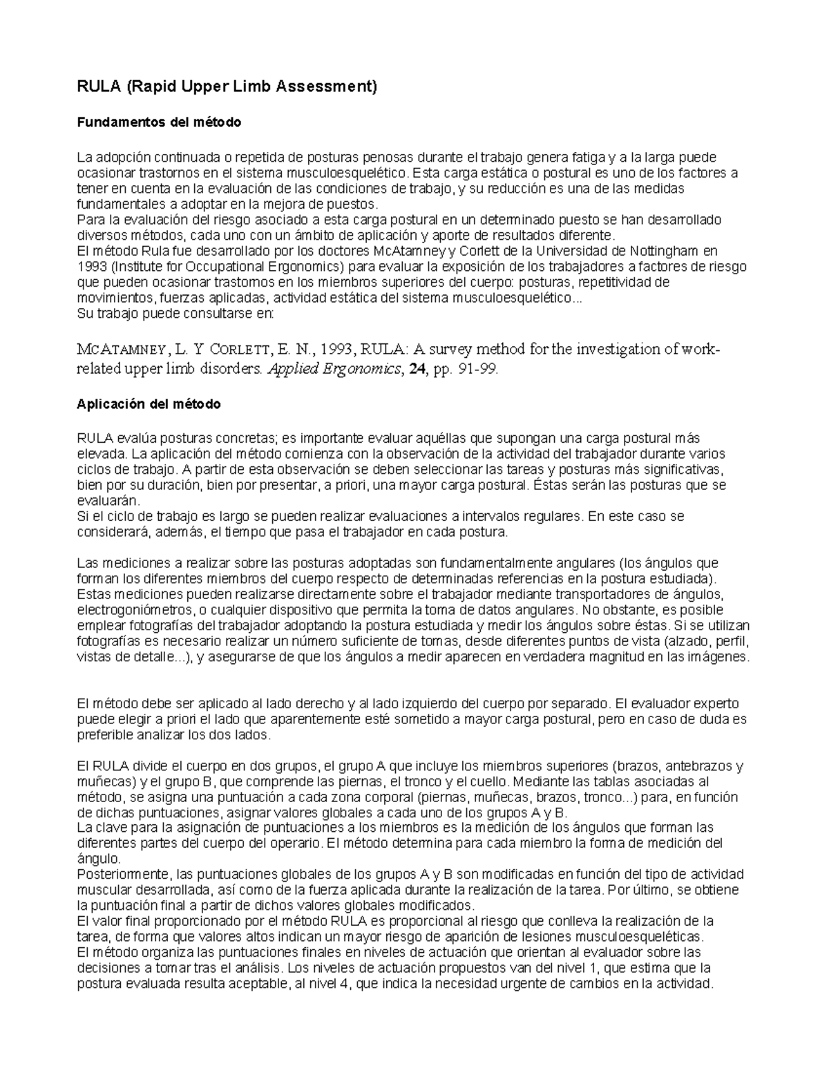 Metodo RULA - método rula - RULA (Rapid Upper Limb Assessment ...