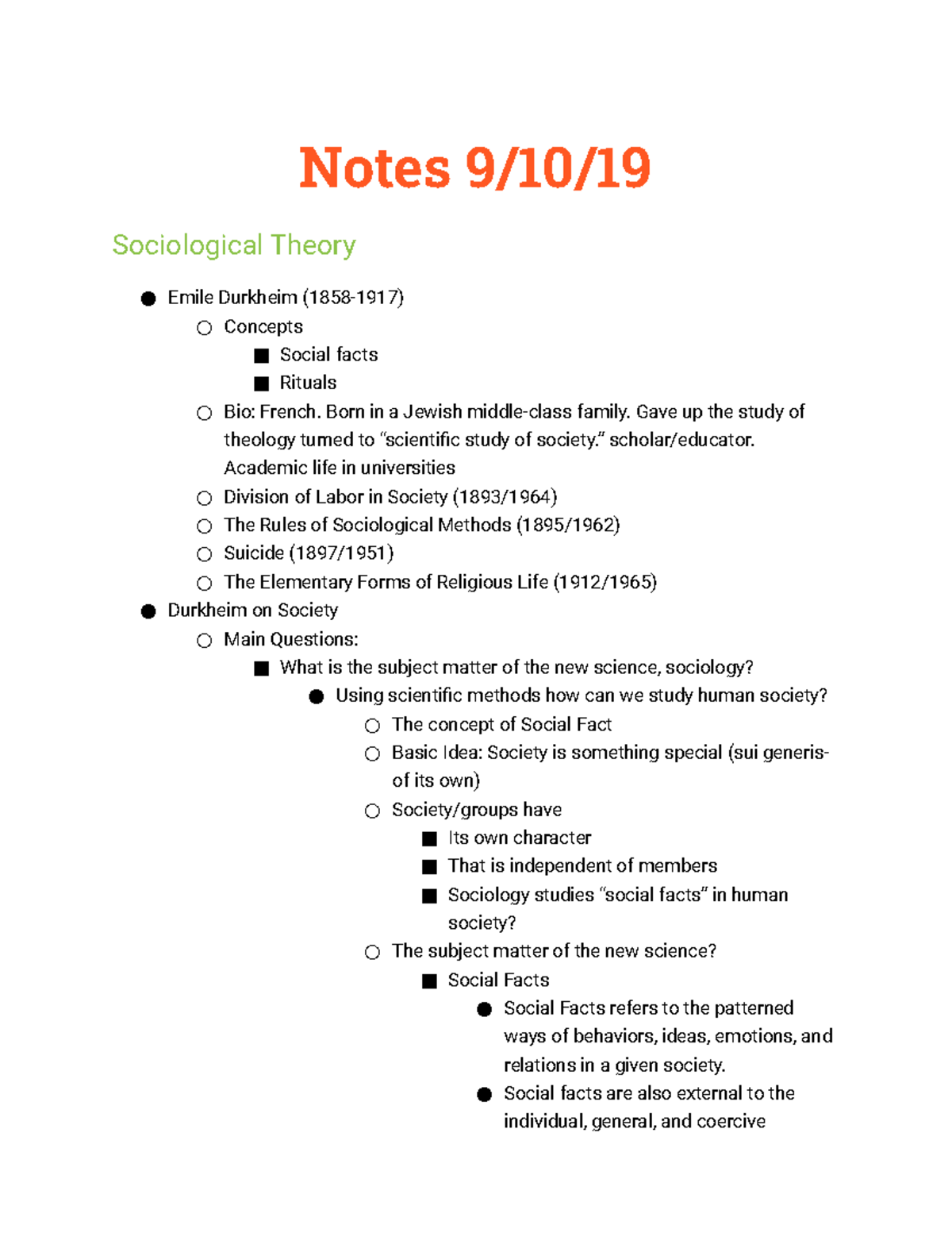 Notes 9 10 19 - Notes 9/10/ Sociological Theory Emile Durkheim (1858 ...