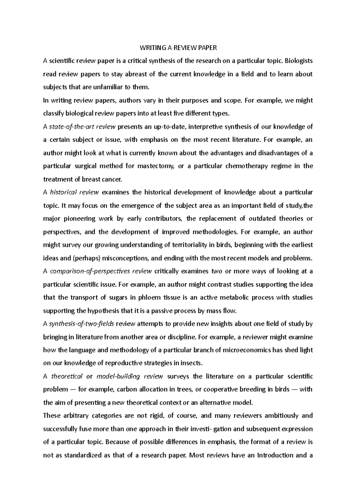 Writing A Review Paper - WRITING A REVIEW PAPER A scientific review ...