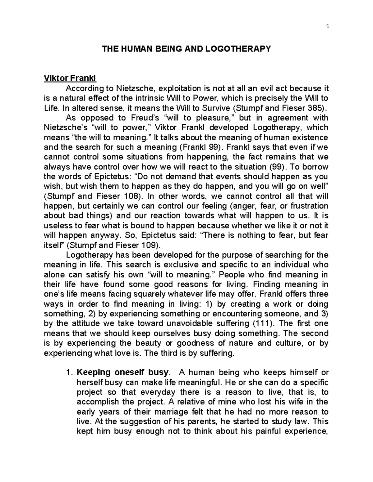 Logotherapy- Final- Topic - THE HUMAN BEING AND LOGOTHERAPY Viktor ...