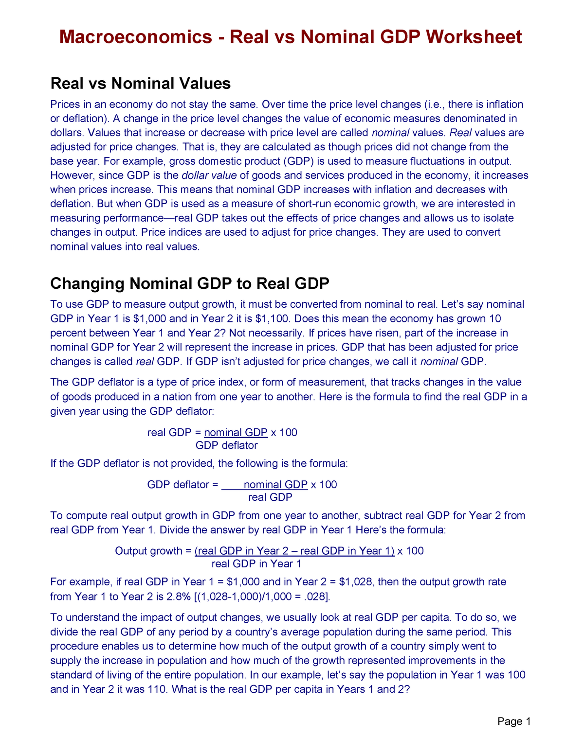 L2.3 RGDP Versus NGDP - Macroeconomics - Real Vs Nominal GDP Worksheet ...