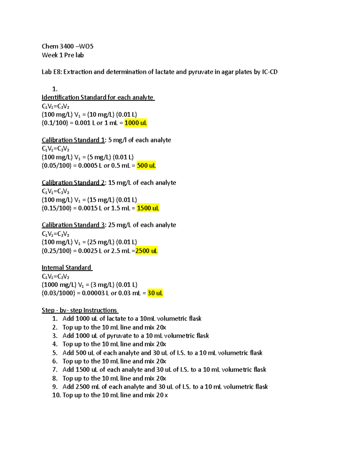 Chromatography Lab 5 Pre lab A Chem 3400 WO5 Week 1 Pre lab Lab E8