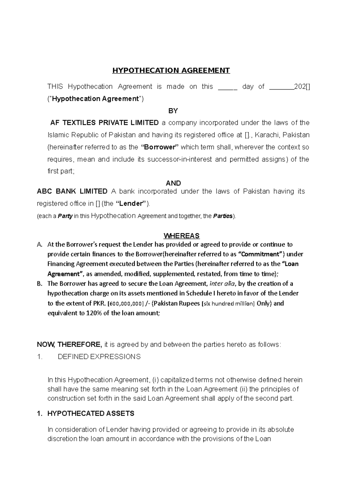 Letter of Hypothecation draft (1) 2 HYPOTHECATION AGREEMENT THIS