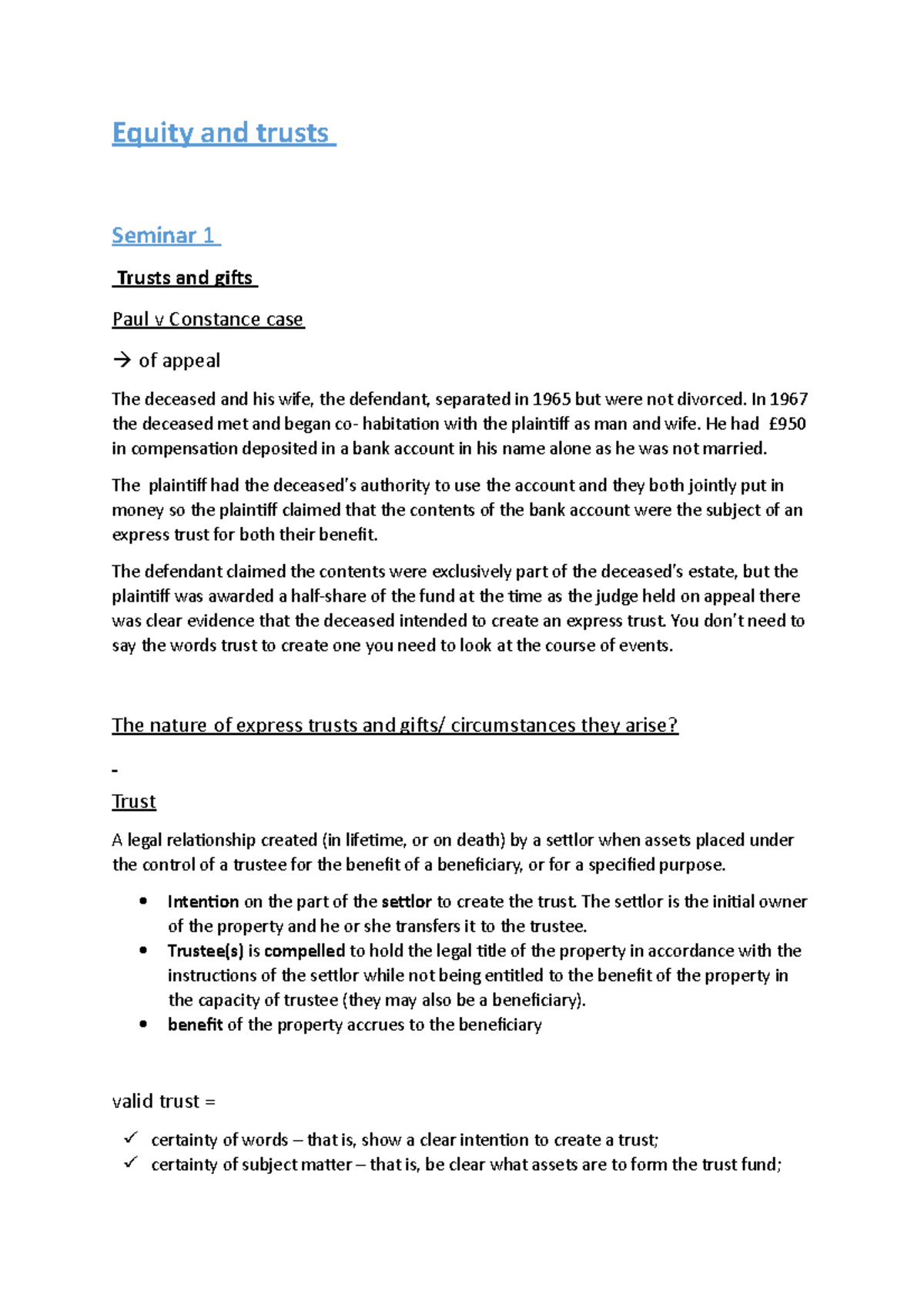 Equity and Trust Seminar 1 (Trusts and Gifts) - Equity and trusts ...
