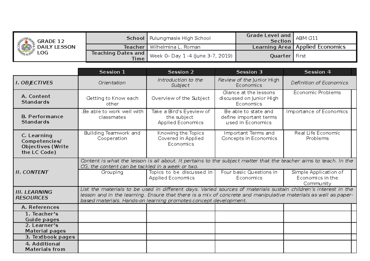 Appliedeconweek 0 - daily lesson log - GRADE 12 DAILY LESSON LOG School ...