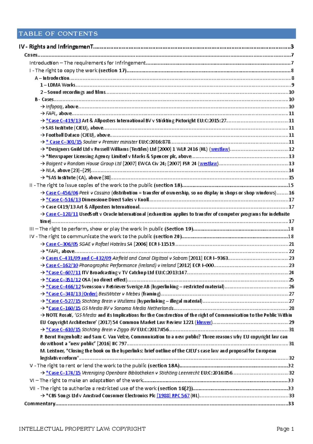 Copyright - Right and Infringement - TABLE OF CONTENTS IV - Rights and ...