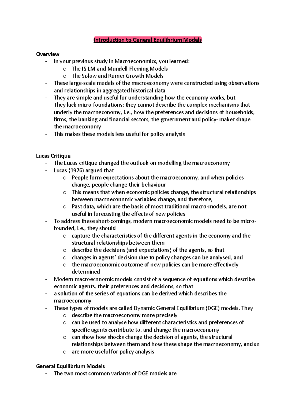 Introduction To General Equilibrium Models - Introduction To General ...