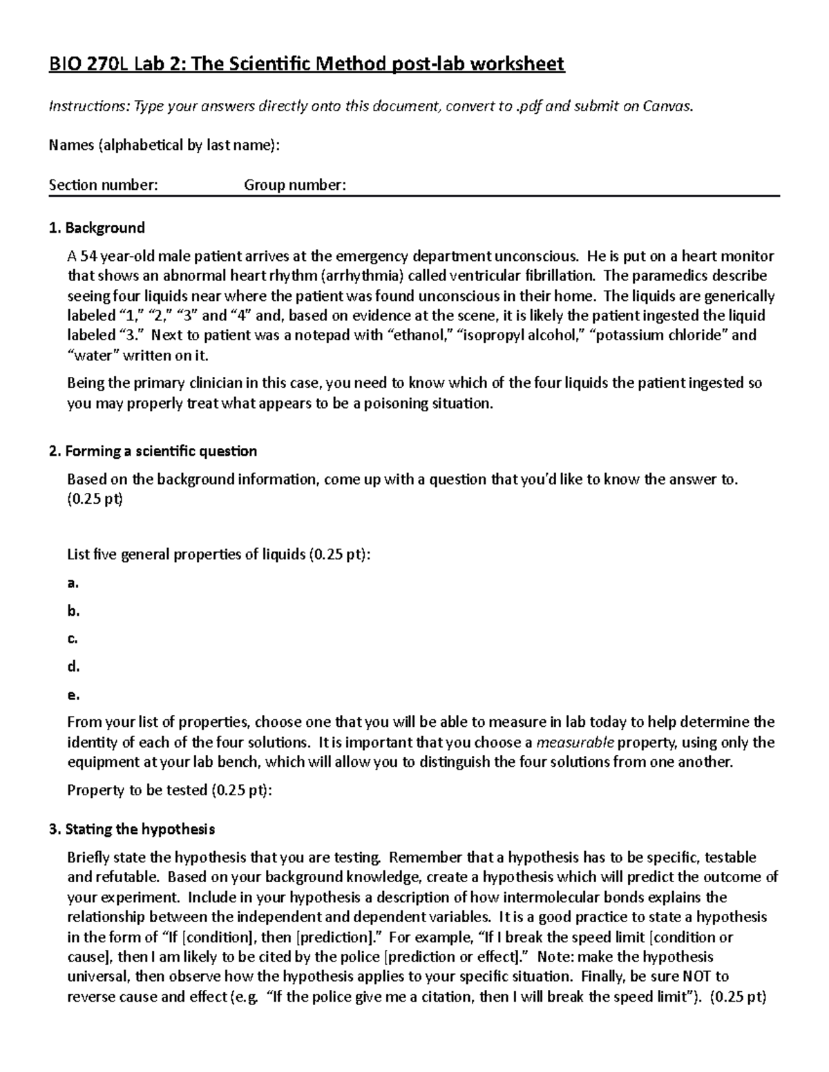 Lab 2 The Scientific Method postlab worksheet BIO 270L Lab 2 The