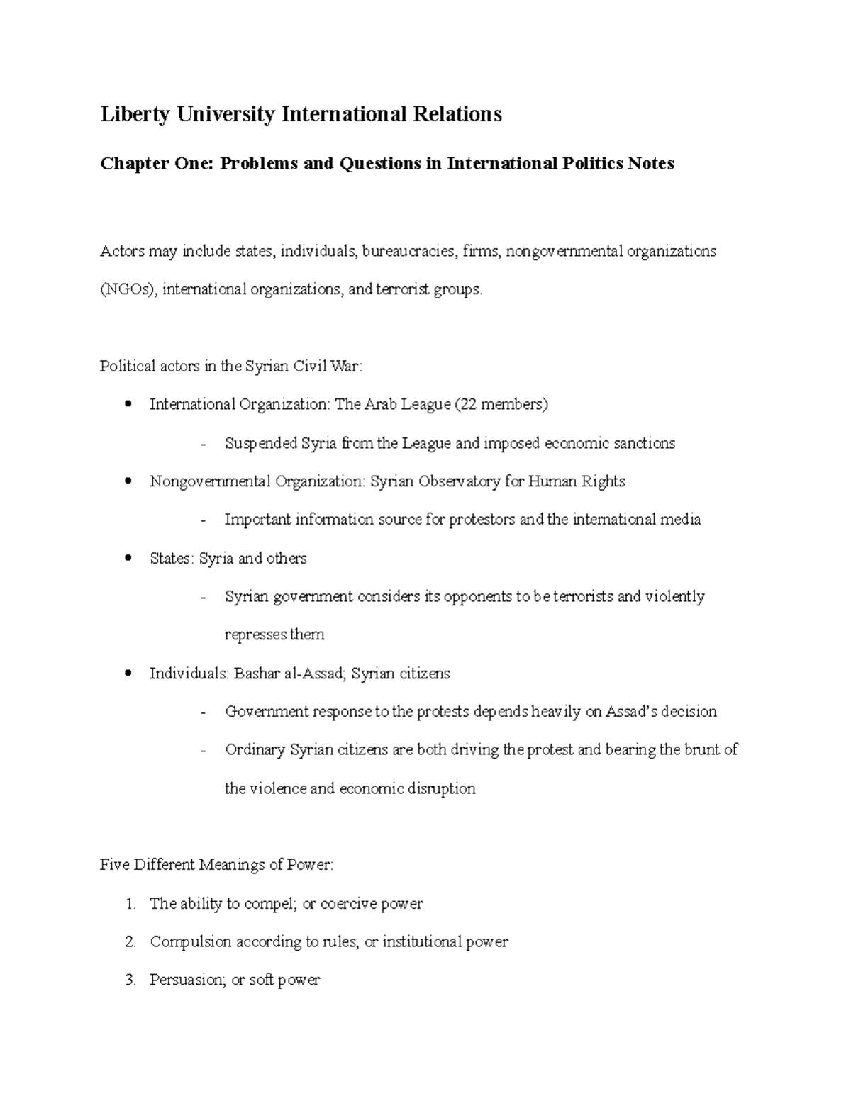 International Relations Chapter One Notes Liberty University