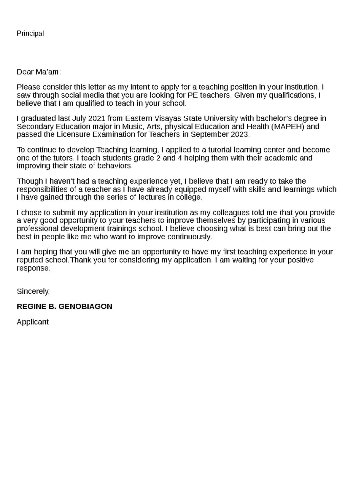 Pertinit DOCX - Principal Dear Ma’am; Please consider this letter as my ...