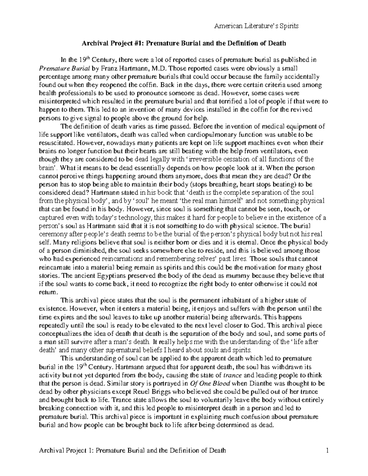 Essay "Premature Burial and the Definition of Death" grade A