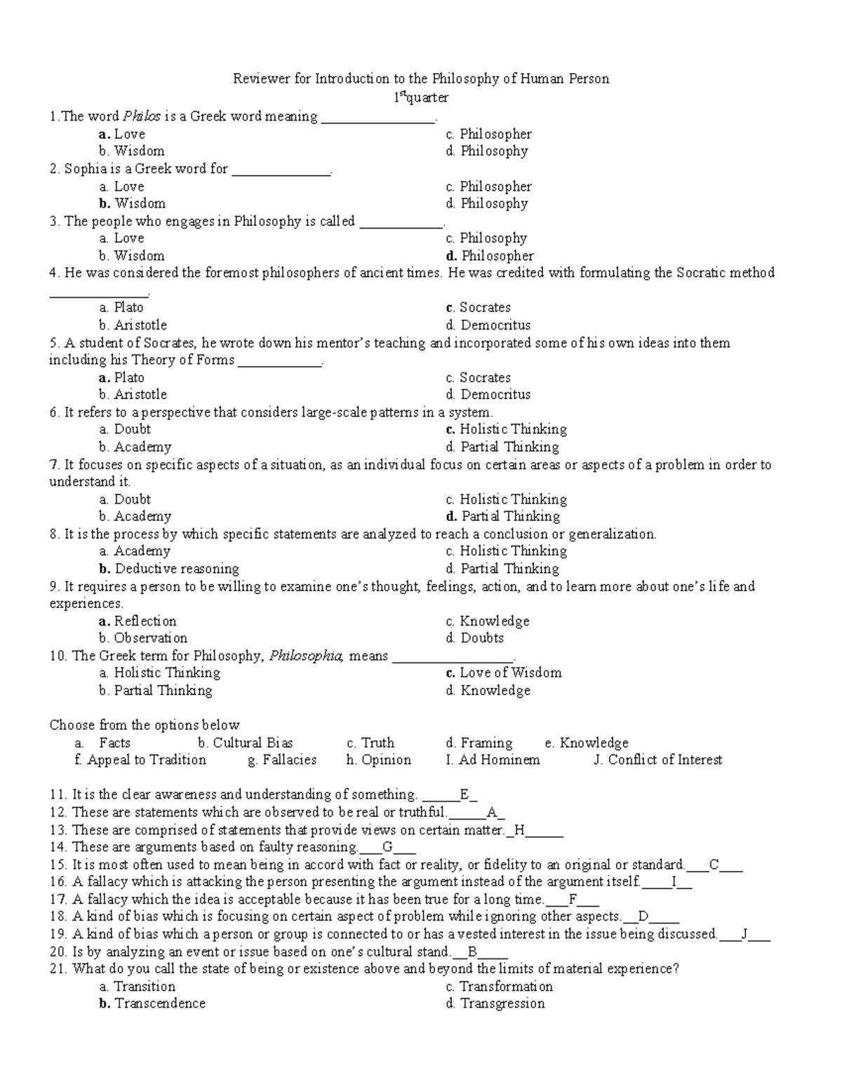 Philo Set 1 - Reviewer for Introduction to the Philosophy of Human ...