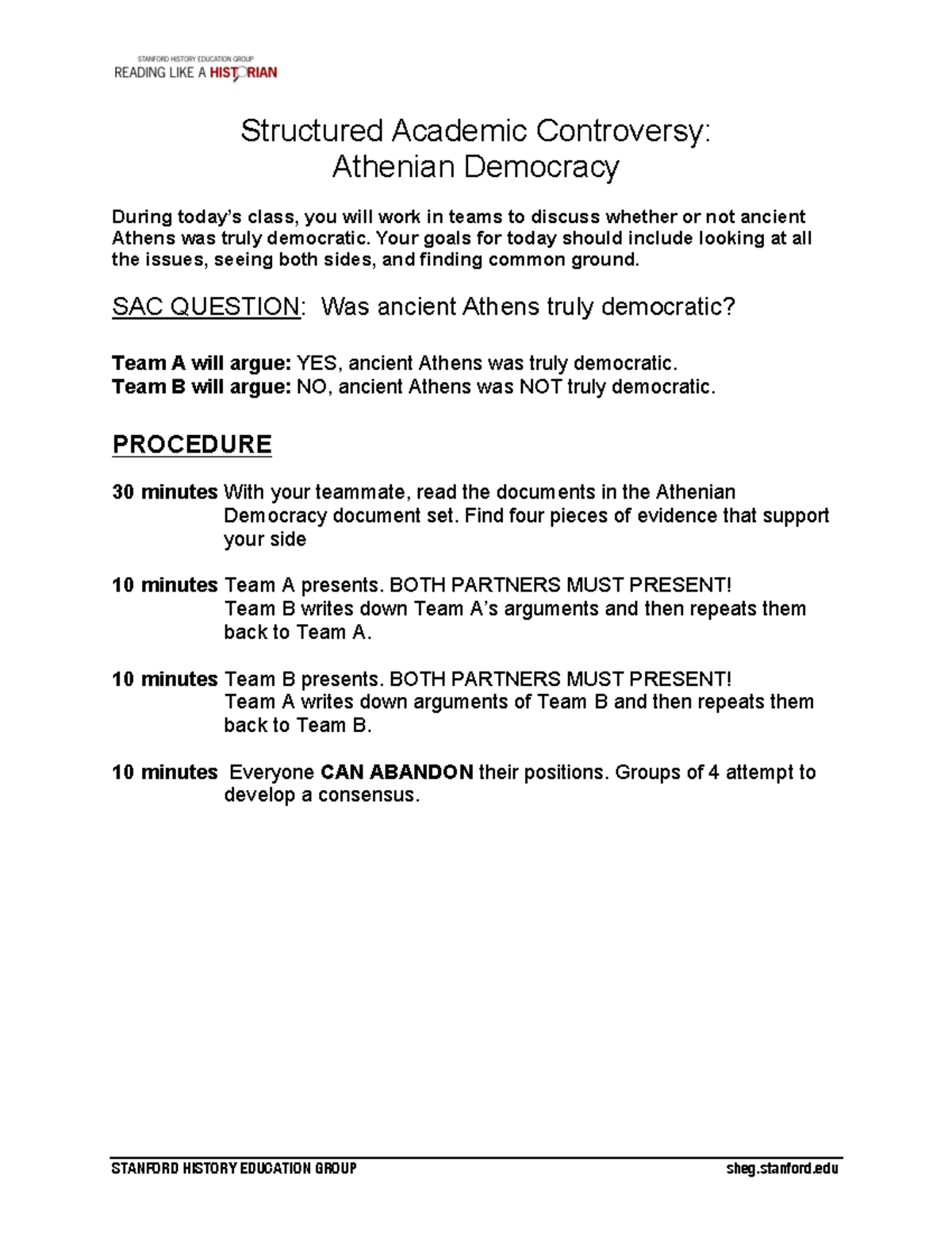 Athenian Democracy SAC STANFORD HISTORY EDUCATION GROUP sheg.stanford