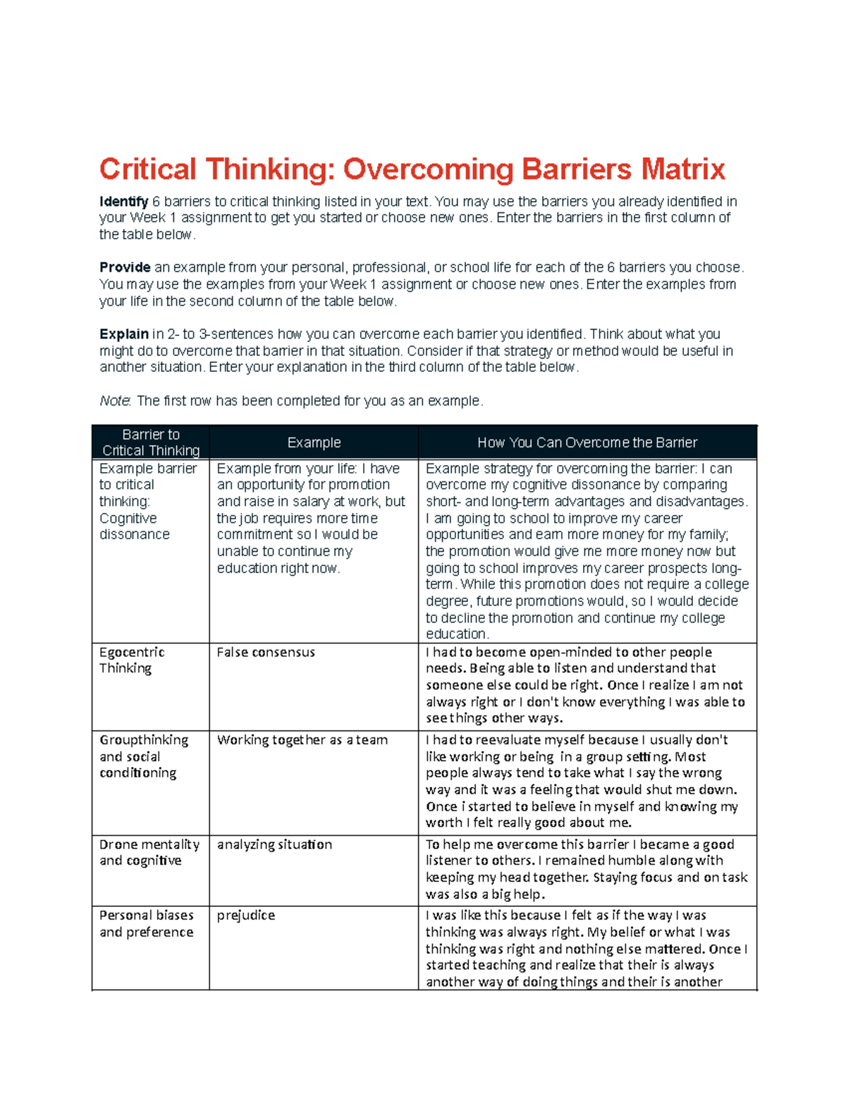 Hum115 V10 Wk3 Critical Thinking Overcoming Barriers Matrix+ - Critical ...