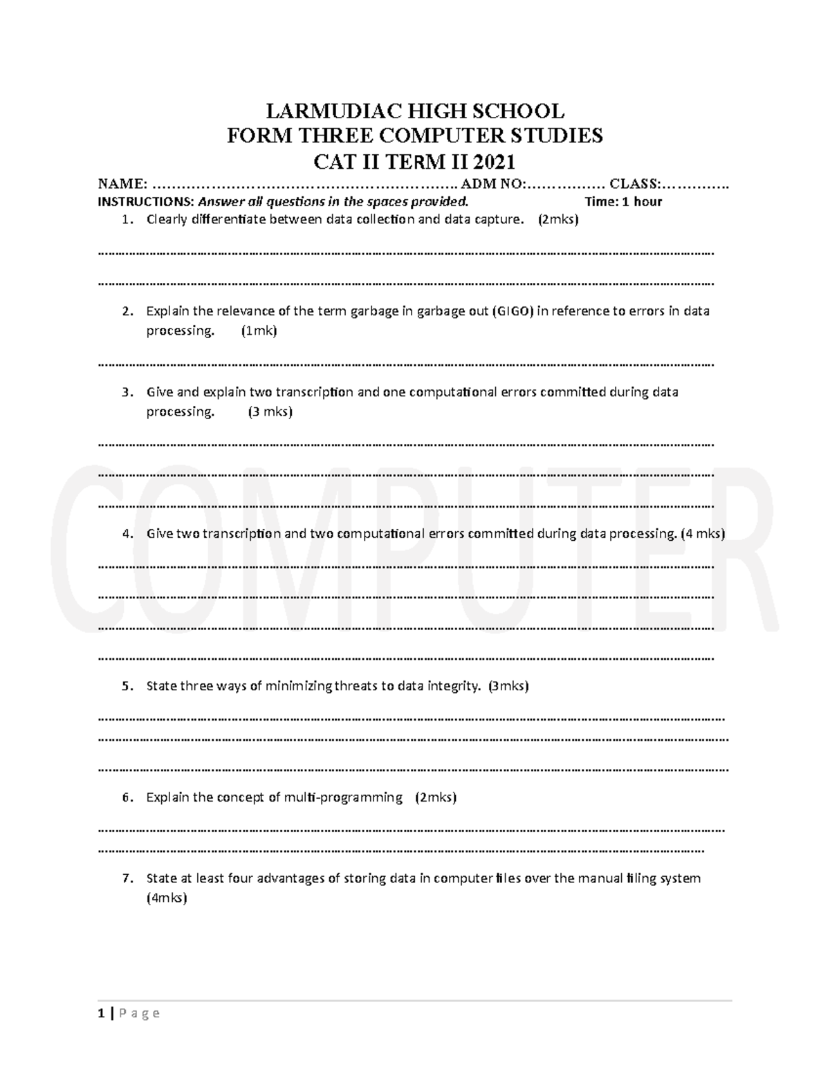 Form 3 cat 2 2021 comp 1 - Assessment - User-Computer Interface - StuDocu