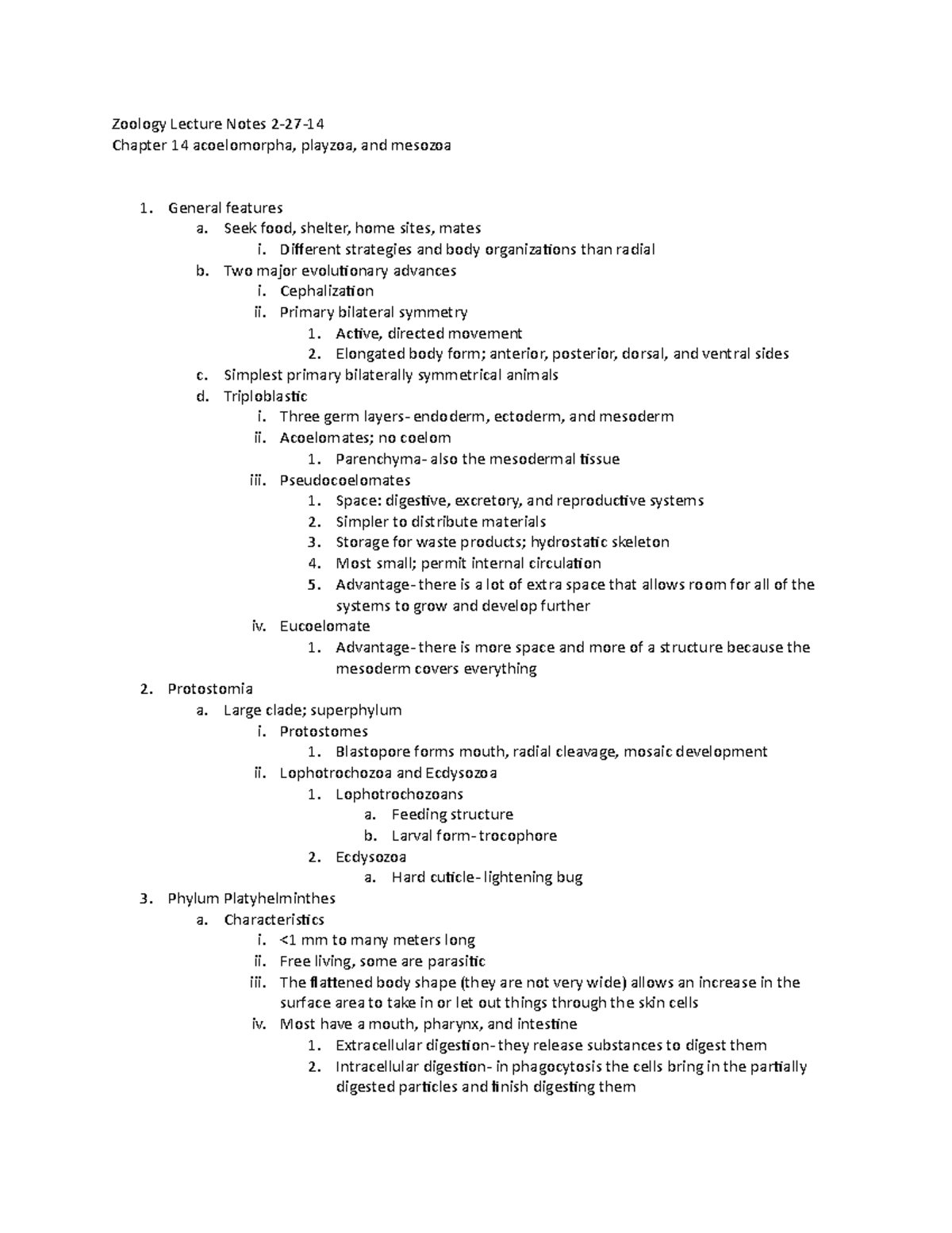 Zoology Lecture Notes 2-27 - Zoology Lecture Notes 2-27-14 Chapter 14 ...