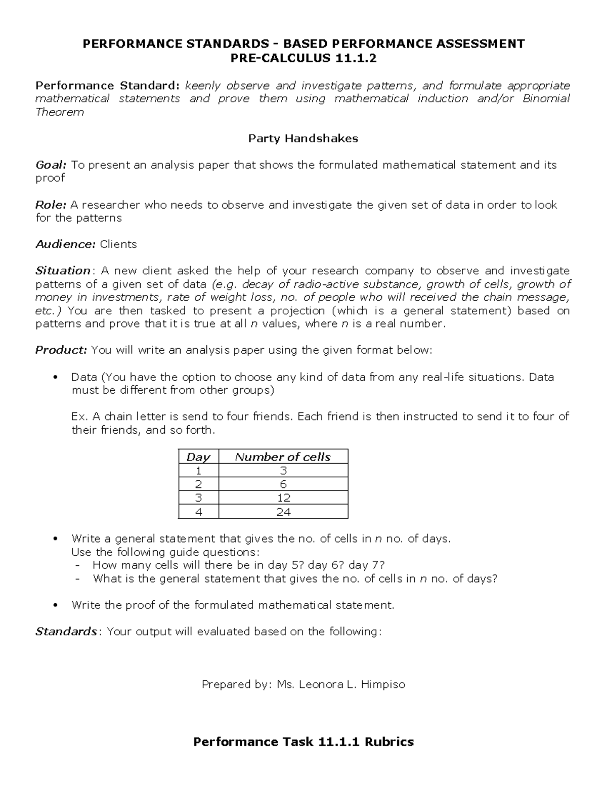 Pre-Calculus 11 - Performance Task - PERFORMANCE STANDARDS - BASED ...