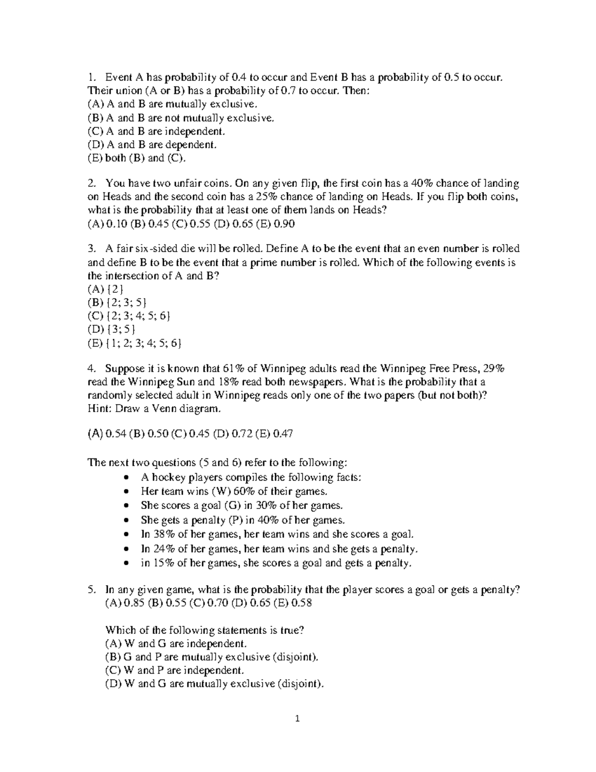 Mid term 2 QUESTIONS - Event A has probability of 0 to occur and Event ...