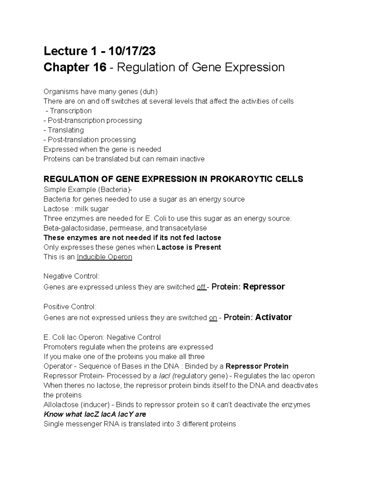 Exam 3 Biology Notes - Lecture 1 - 10/17/ Chapter 16 - Regulation Of ...