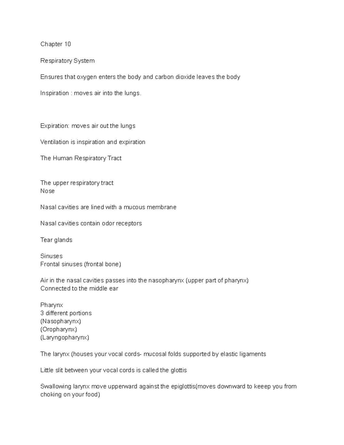 Bio Lecture notes Chapter 10 Chapter 10 Respiratory System Ensures