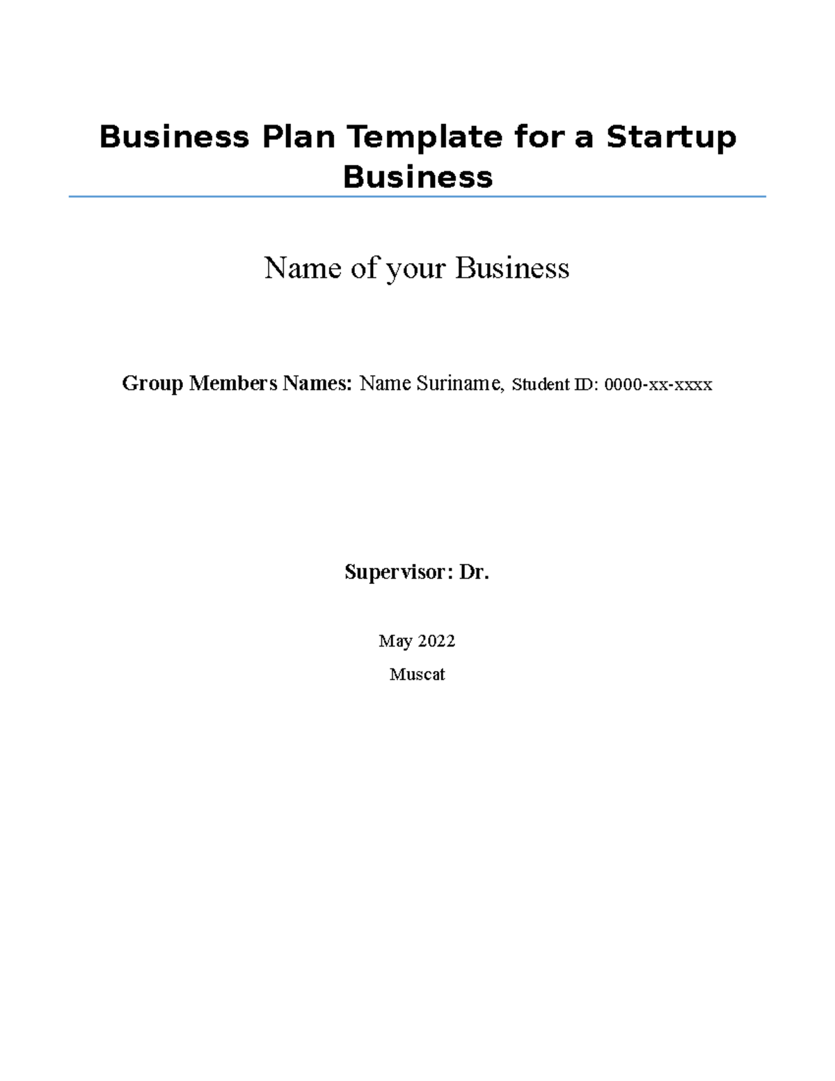 02 Business Plan Template - May 2022 Muscat Table of Contents I ...