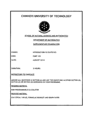 CUMT 105 - Introduction to Statistics, August 2014