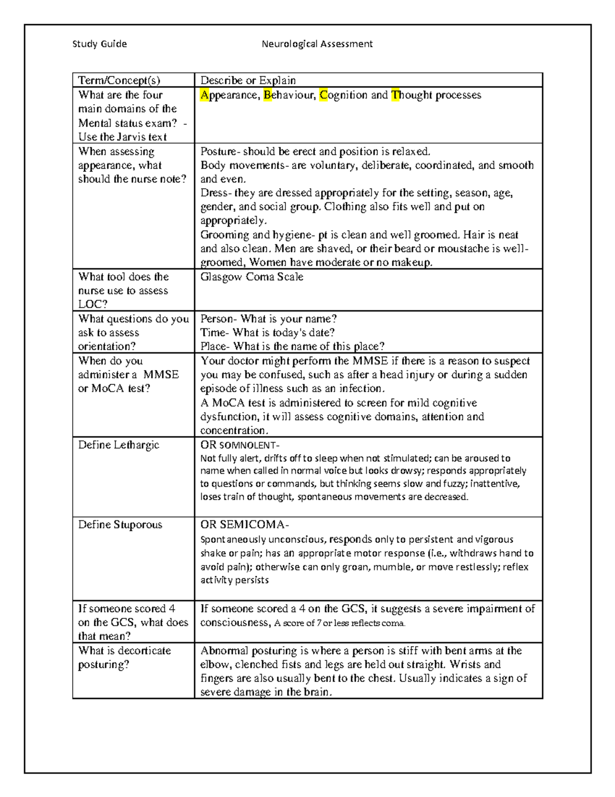 Study Guide - Neurological Assessment - Study Guide Neurological 