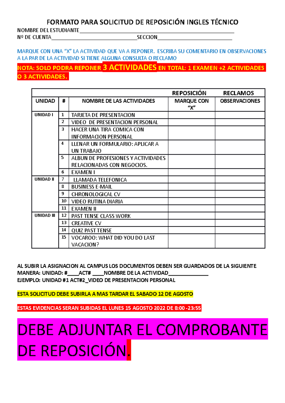 Formato PARA Solicitud DE Reposicion Ingles Tecnico - FORMATO PARA ...