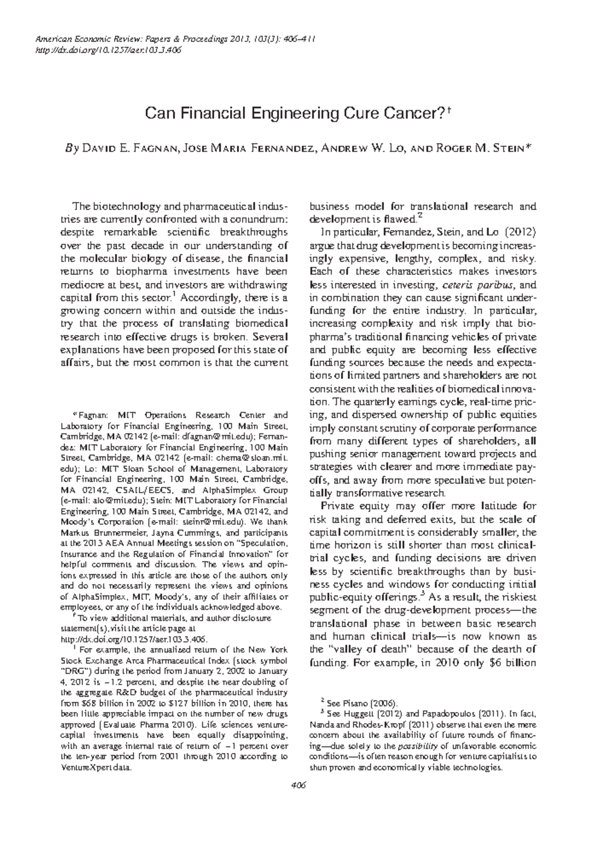 Can Financial Engineering Cure Cancer AER2013 Pub1 - 406 American ...