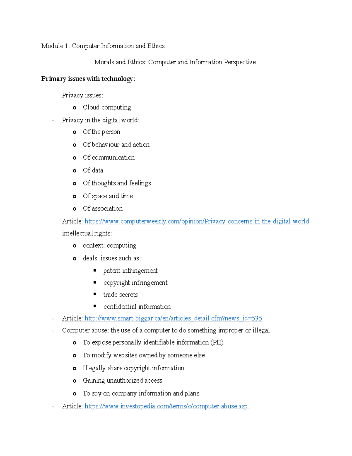 BTM - Module 1, ethics in technology - Module 1: Computer Information ...