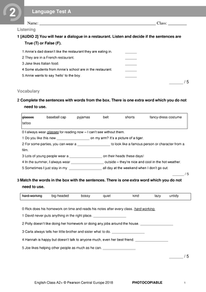 ECA2plus Tests Language Test 6B - English Class A2+ © Pearson Central ...