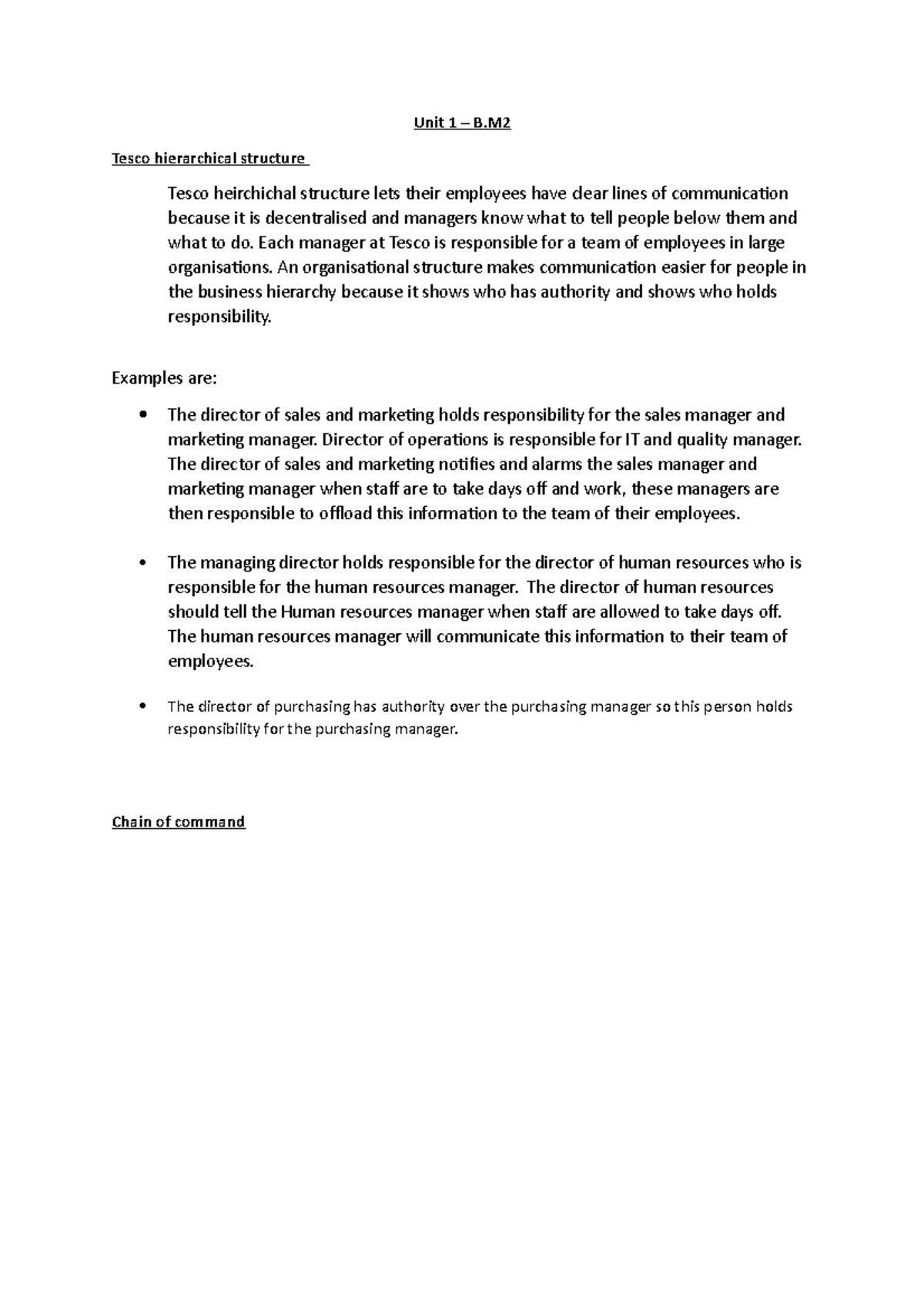 Unit 1 M2 - Unit 1 – B Tesco hierarchical structure Tesco heirchichal ...