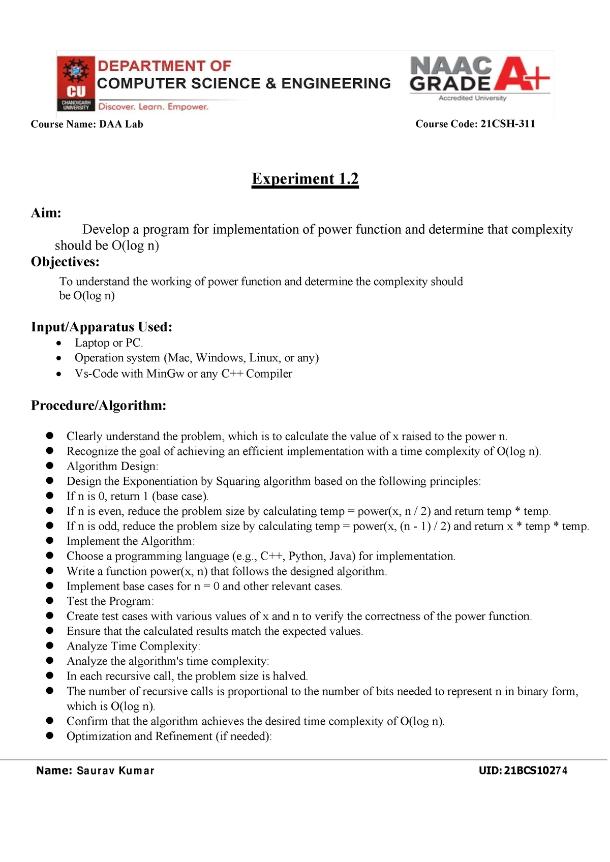 DAA 1 - Worksheet - Course Name: DAA Lab Experiment 1. Aim: Develop A ...