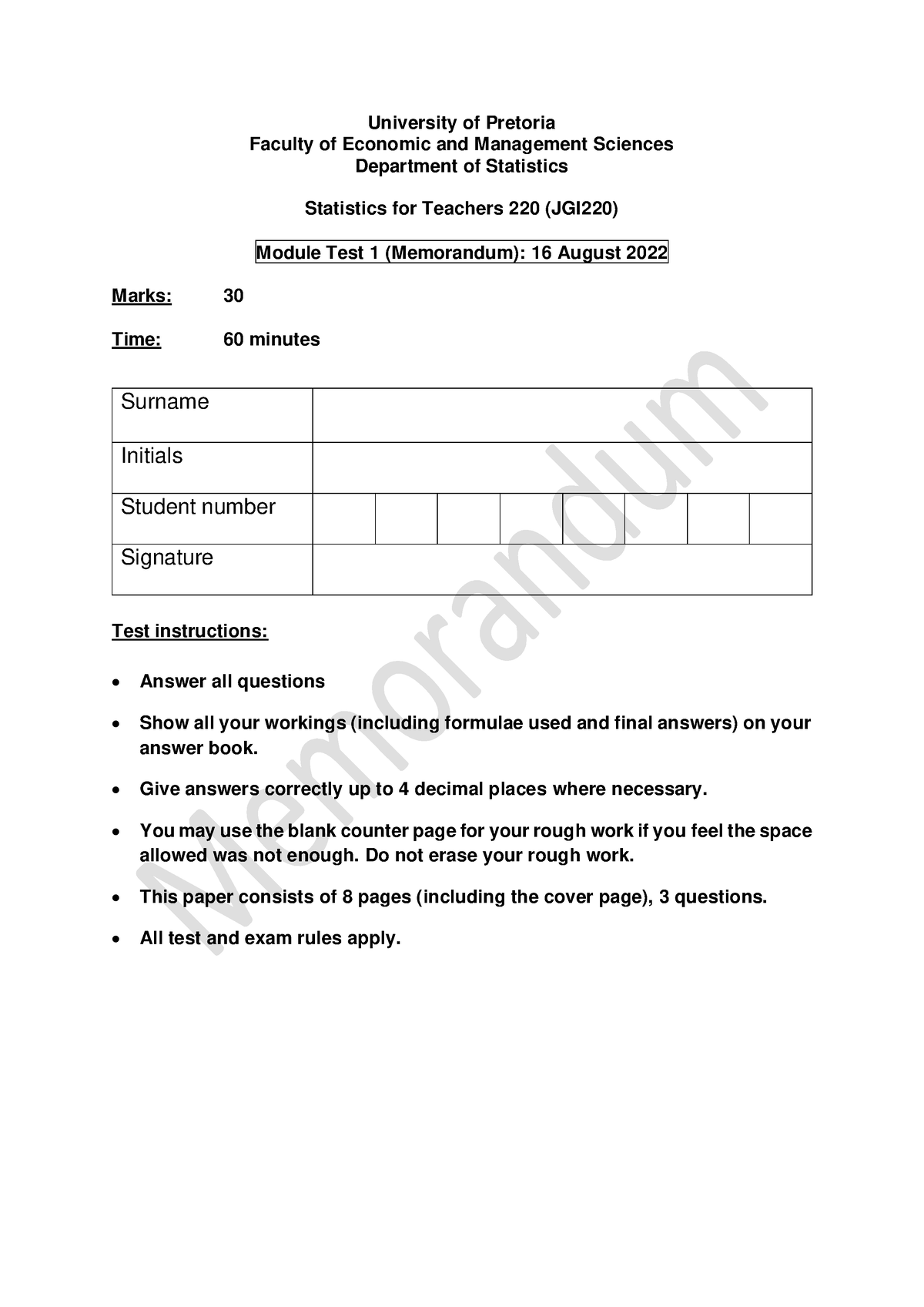 Module Test 1 - 2022 - Memorandum - University of Pretoria Faculty of ...