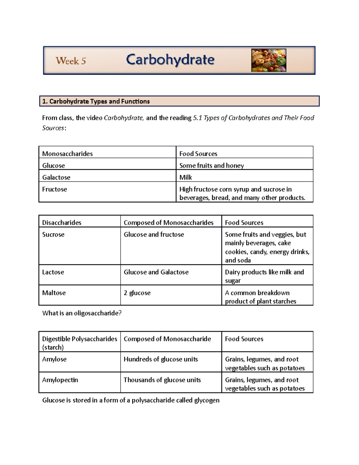 Week05 Study Guide - Carbohydrate Types and Functions From class, the ...