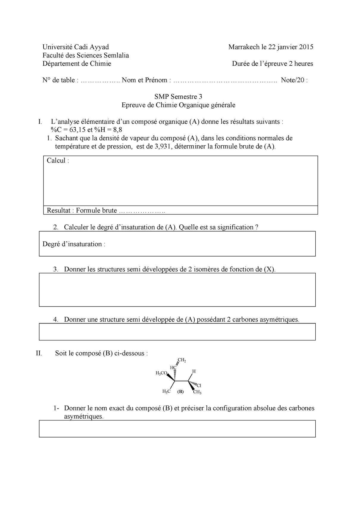 Éxamen De Chimie Organique-SMP-s3 - Université Cadi Ayyad Marrakech Le ...