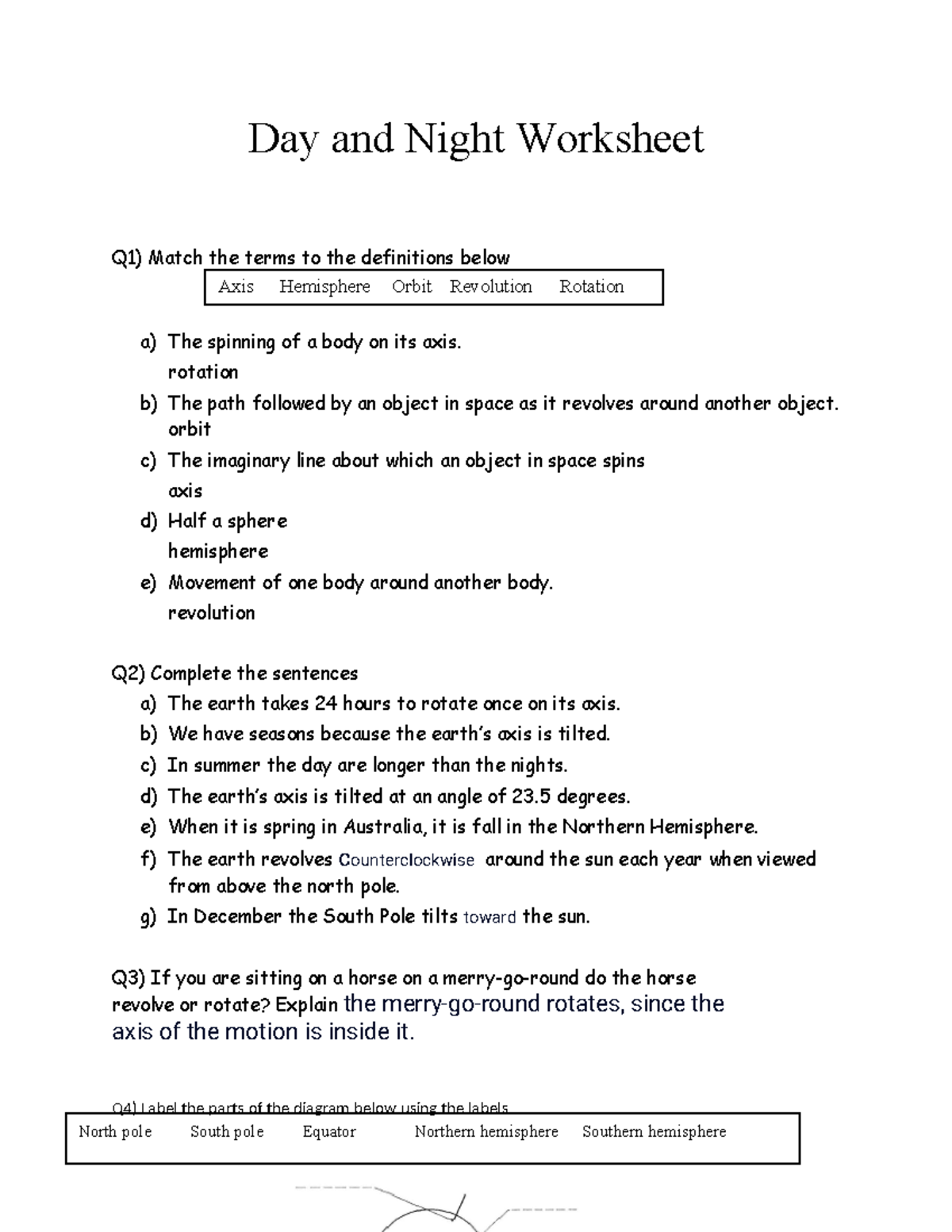 Day and Night Worksheet+ - rotation b) The path followed by an object ...