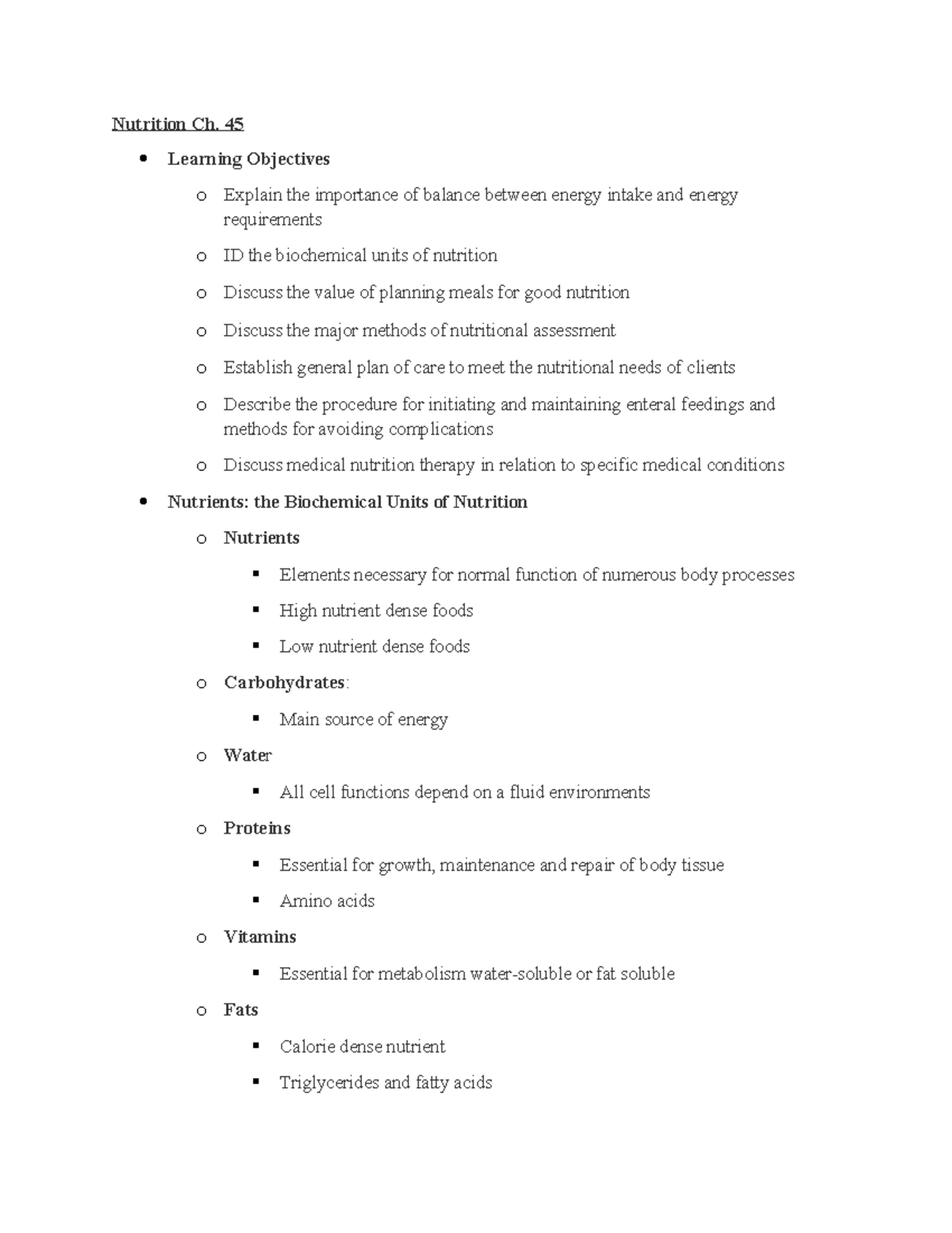 Nutrition Ch. 45 - Nutrition Ch. 45 Learning Objectives o Explain the ...