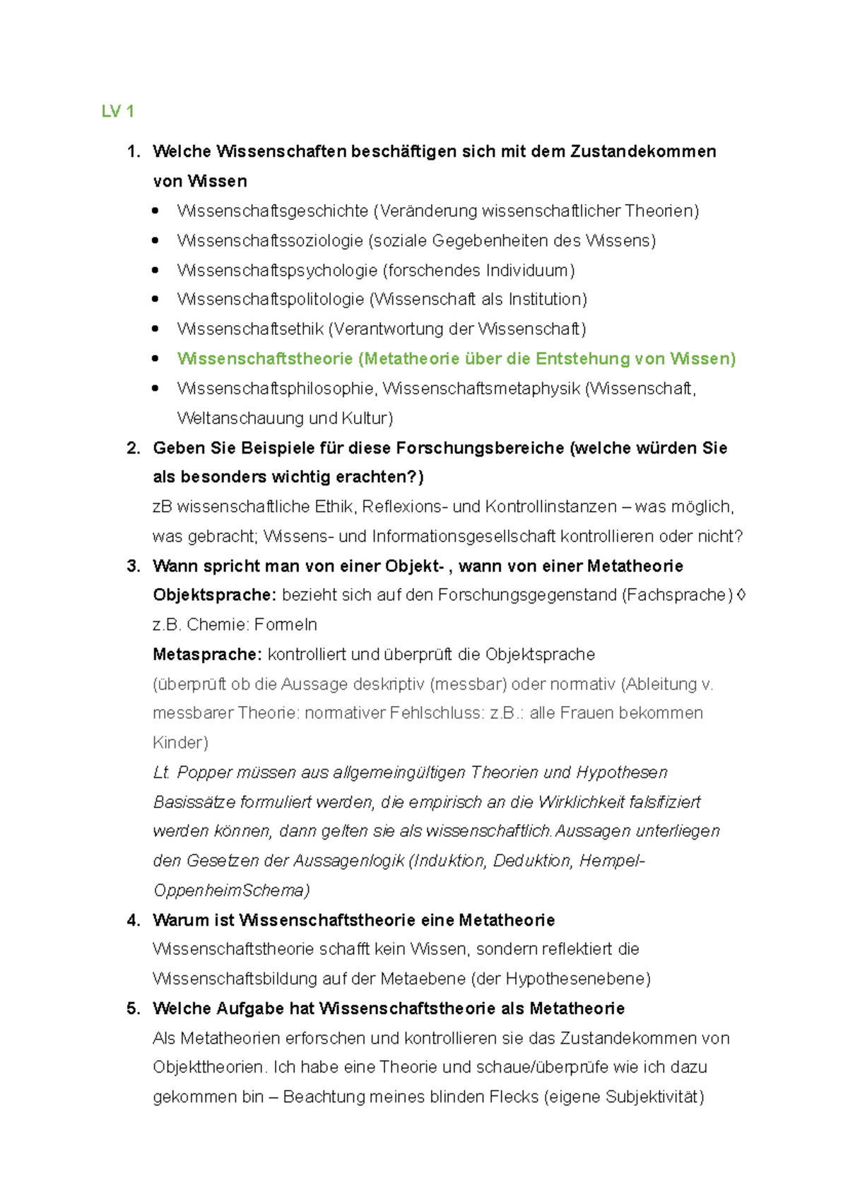Wissenschaftstheorie Zusammenfassung LV 1 1. Welche Wissenschaften