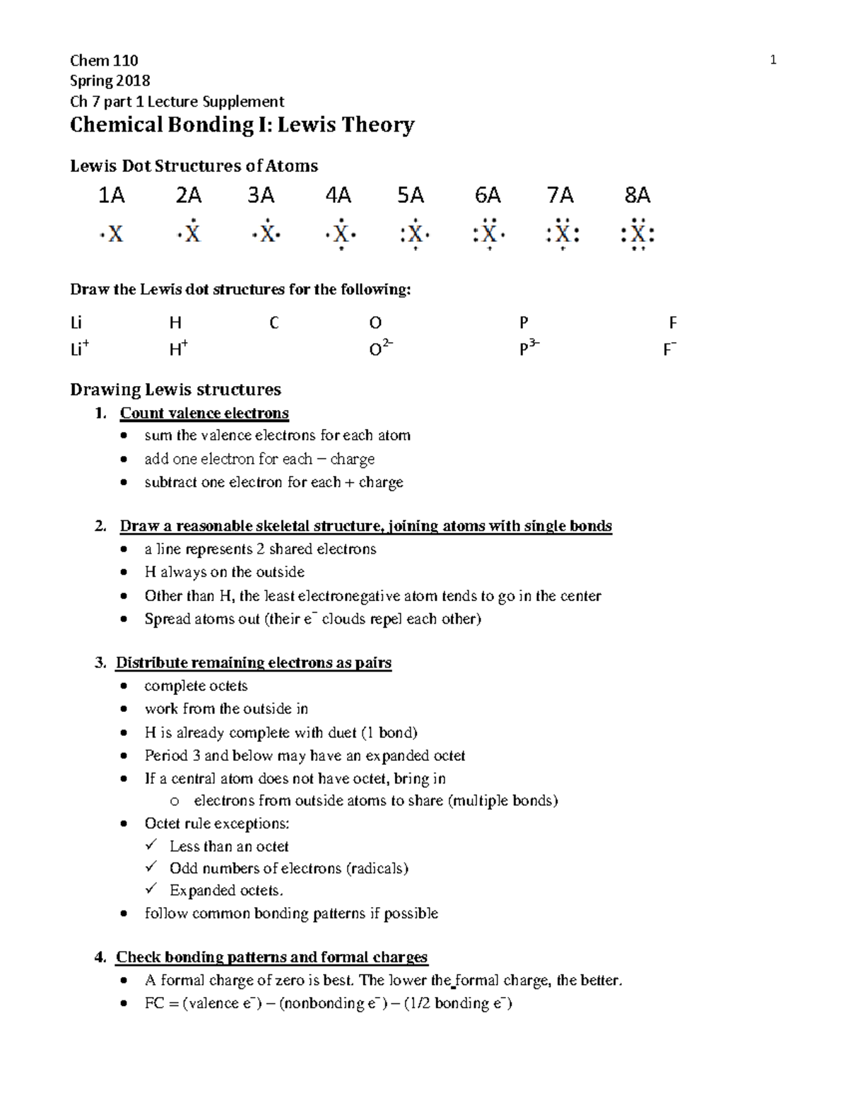 Ch7 part1 Lewis structures supplemental Notes - Chem 110 Spring 2018 Ch ...