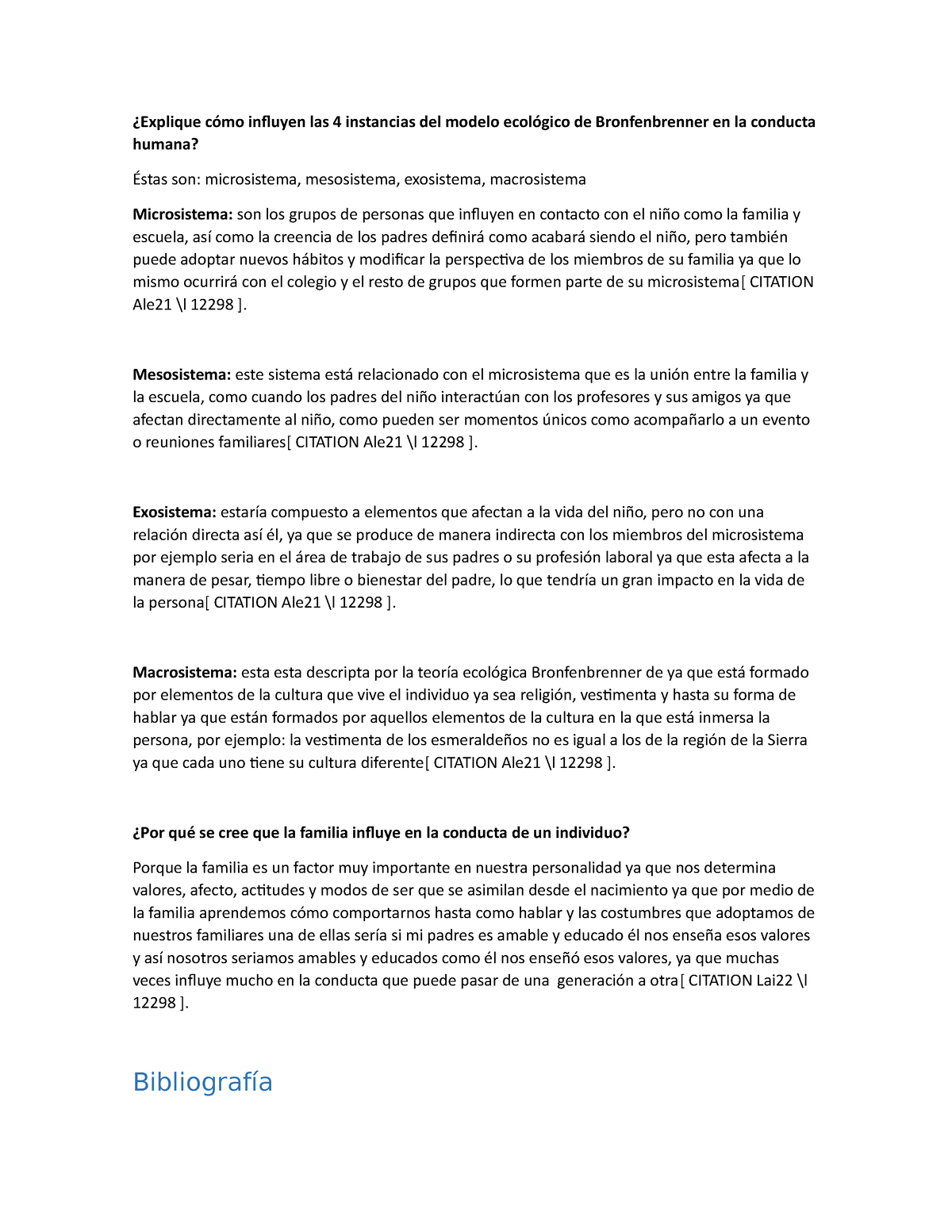 Explique cómo influyen las 4 instancias del modelo ecológico de  Bronfenbrenner en la conducta humana - Studocu