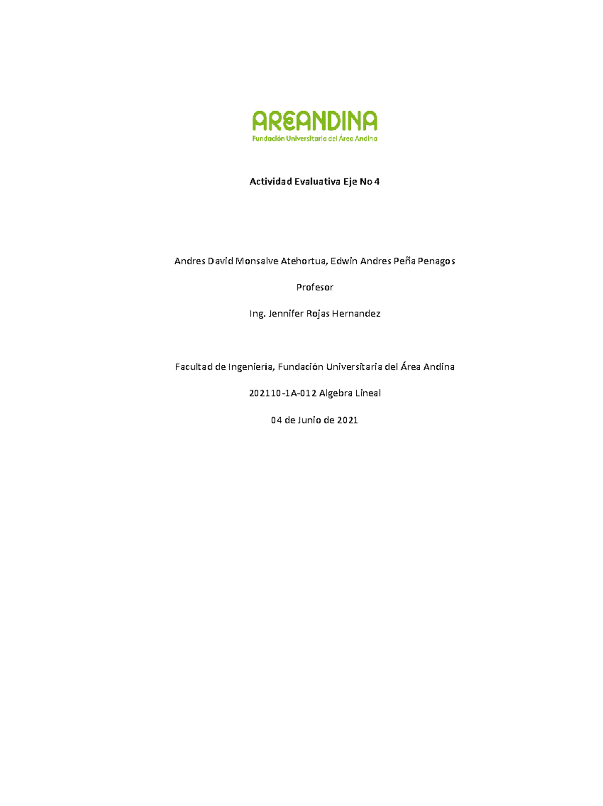Actividad Evaluativa Algebra Lineal Actividad Evaluativa Eje No Andres David Monsalve